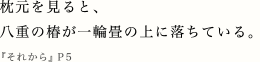 枕元を見ると、八重の椿が一輪畳の上に落ちている。『それから』P5